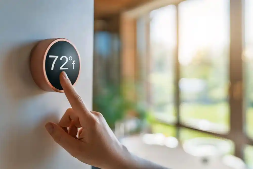 Bir el, duvara monte akıllı termostatta 72°F ayarına dokunuyor