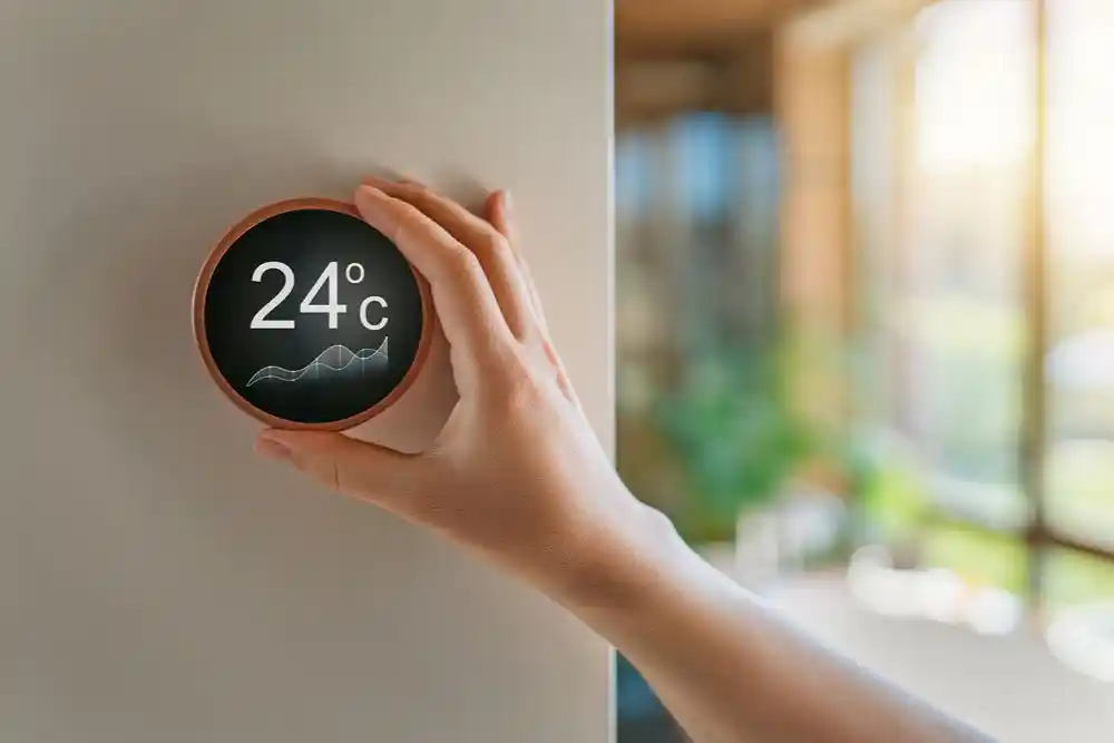 Elinde 24°C gösteren akıllı termostat tutan kişi