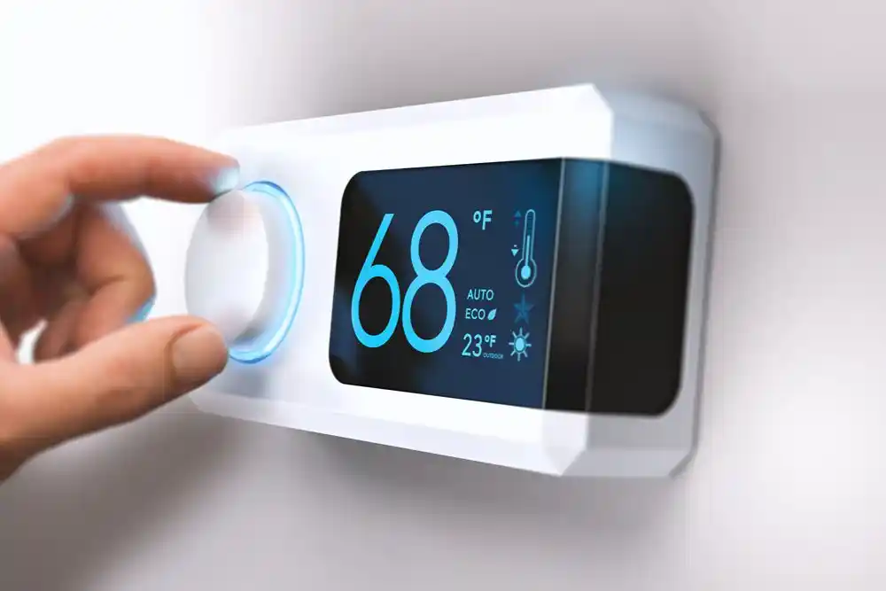 Bir kişinin termostat düğmesini ayarladığı, ekranında 68 °F ve dış sıcaklık olarak 23 °F gösteren cihaz